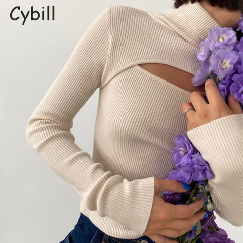 Cybill Ribber Knitted Turtleneck Top Women Hollow Out Casual Long Sleeve T Shirt Skinny Autumn Winter Slim Tee Lady Clothing