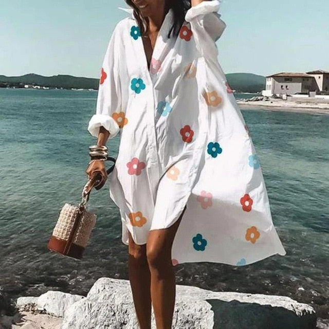 Sonicelife New Fall Summer Women V Neck Button Print Dress Casual Elegant Long Sleeves Irregular Shirt Dress Loose  Beach Party Dresses