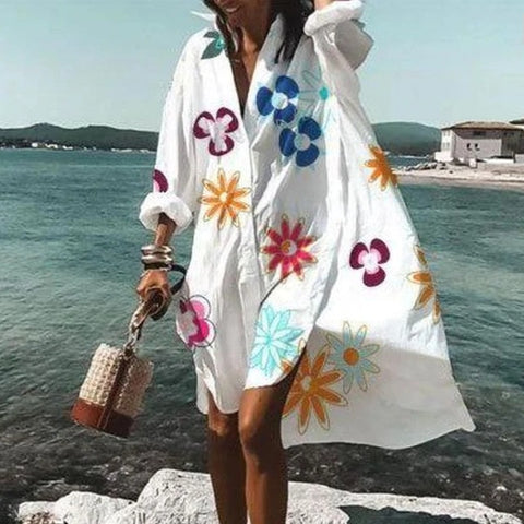 Sonicelife New Fall Summer Women V Neck Button Print Dress Casual Elegant Long Sleeves Irregular Shirt Dress Loose  Beach Party Dresses
