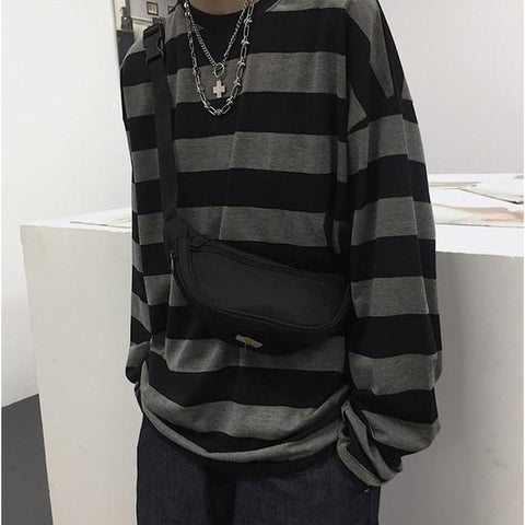 Sonicelife Harajuku Oversized High Street Stripe T-shirt long sleeves vintage style All-match fashion Unisex clothes Japanese Streetwear 1027