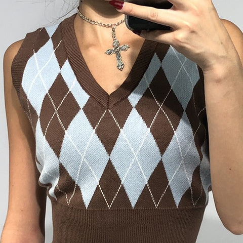 Vintage Y2K Crop Top Argyle Sweater Vest V Neck Sleeveless Tank Jumper Preppy Style Plaid Knitted Pullover Autumn Winter Clothes