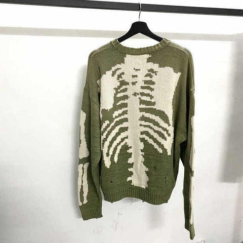 Green Loose Skeleton Bone Printing Sweater  Men Woman Good Quality High Street Damage Hole Vintage 1:1 Knit Sweater