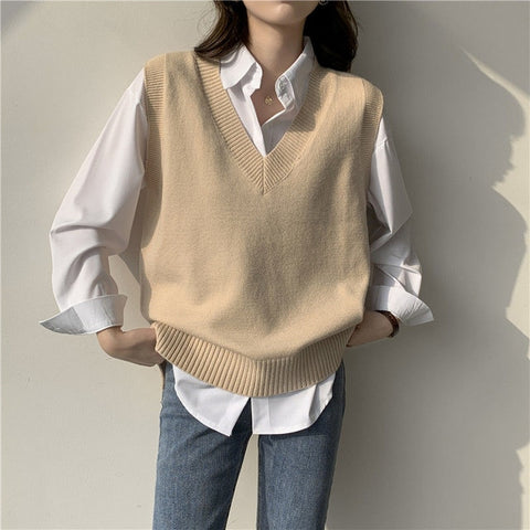 Sonicelife Sweater Vest Women V-neck Solid Simple Slim All-match Casual Korean Style Teens Chic Fashion Autumn Winter Sleeveless Sweaters