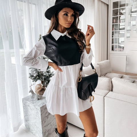Casual Long Sleeve Mini Shirt Dress For Women White 2023 Spring PU Leather Patchwork Plaid Woman Dresses Clothing Femme Robe