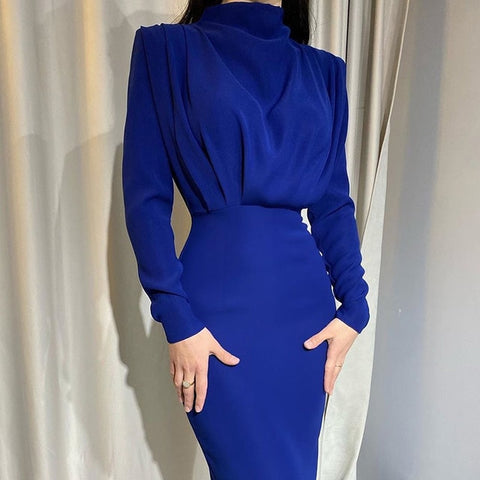 Sonicelife Elegant Women Dress Stand Collar Slim Waist Solid Blue Ankle Length Autumn Long Sleeve Casual Party Dress 2023 Fashion