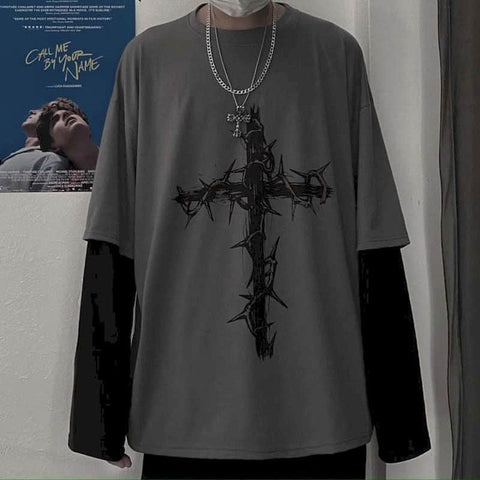 Sonicelife T-shirt Cross of Thorns fake two-piece for men women long-sleeved dark hip-hop loose large size autumn new trend top Simplicity