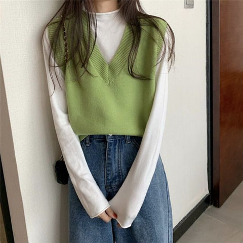 Sweater Vest Women Solid Autumn Winter All-match Leisure Outerwear Knitted V-Neck Sleeveless Female Elegant Chic Simple Harajuku