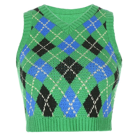 V Neck Vintage Argyle Sweater Vest Women  Black Sleeveless Plaid Knitted Crop Sweaters Casual Autumn Preppy Style 2023 tops