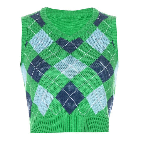 V Neck Vintage Argyle Sweater Vest Women  Black Sleeveless Plaid Knitted Crop Sweaters Casual Autumn Preppy Style 2023 tops