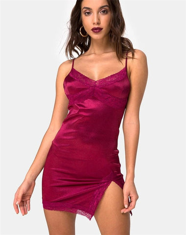 Sonicelife New Women's Rose Pattern Suspender Party Dresses V-neck Lace Trim  Split Slim Bottoming Mini Dress Lady Night Club Wear