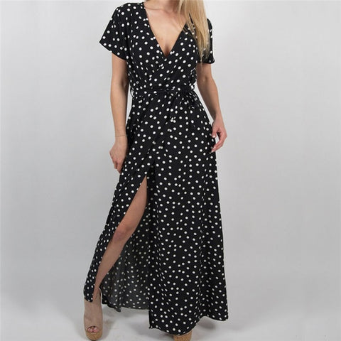 Summer Women Boho Dress 2023  V Neck Short Sleeve Beach Sundress Casual Dot Print Long Dress Vintage Party Dresses