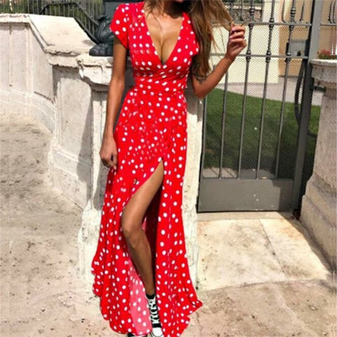 Summer Women Boho Dress 2023  V Neck Short Sleeve Beach Sundress Casual Dot Print Long Dress Vintage Party Dresses