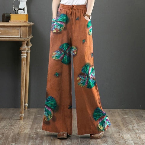 Women's Elastic Waist Long Trousers 2023 Vintage Printed Wide Leg Pants Autumn Pantalon Casual Palazzo Plus Size Turnip 7