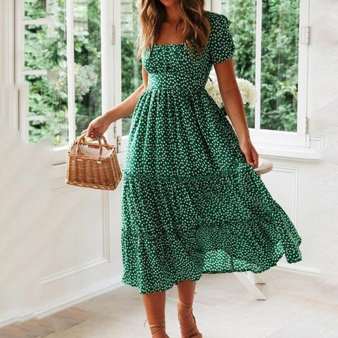 Sonicelife Vintage Vintage Print Puff Sleeve summer Beach sweet dresses Casual Square collar floral maxi long dress 2023 festa