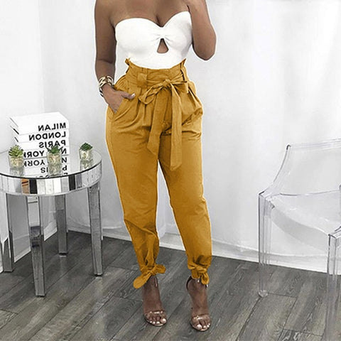 Sonicelife 2023 Loose Bow Tie Ruffles Women Pants Casual Solid High Waist Belt Pocket Spring Women's Trousers Female Sashes Pants Bottom