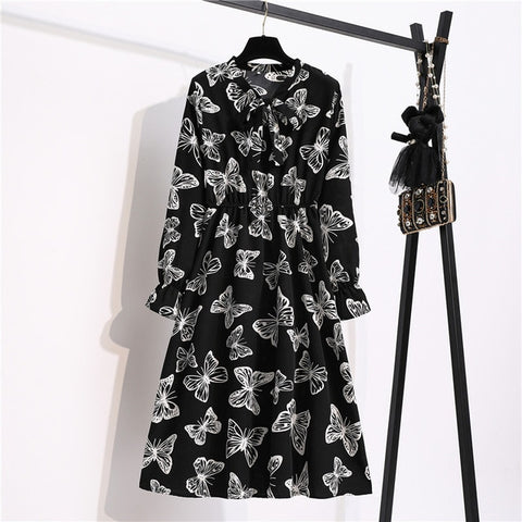 Sonicelife NIJIUDING Women's Chiffon Dress Female Vintage Floral Printed Long Sleeve Bow Midi Dresses Spring Autumn Flare Sleeve Vestidos