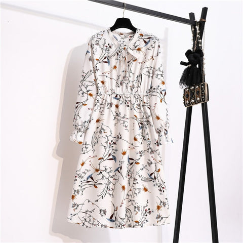 Sonicelife NIJIUDING Women's Chiffon Dress Female Vintage Floral Printed Long Sleeve Bow Midi Dresses Spring Autumn Flare Sleeve Vestidos