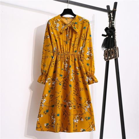 Sonicelife NIJIUDING Women's Chiffon Dress Female Vintage Floral Printed Long Sleeve Bow Midi Dresses Spring Autumn Flare Sleeve Vestidos