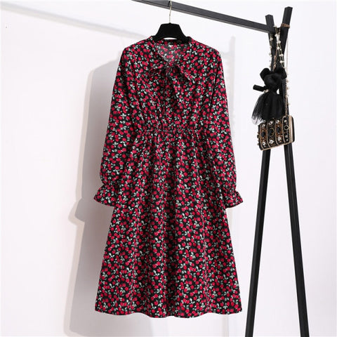 Sonicelife NIJIUDING Women's Chiffon Dress Female Vintage Floral Printed Long Sleeve Bow Midi Dresses Spring Autumn Flare Sleeve Vestidos