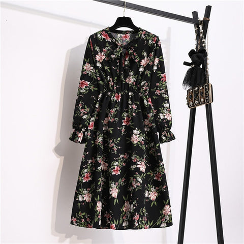 Sonicelife NIJIUDING Women's Chiffon Dress Female Vintage Floral Printed Long Sleeve Bow Midi Dresses Spring Autumn Flare Sleeve Vestidos