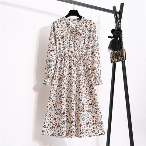 Sonicelife NIJIUDING Women's Chiffon Dress Female Vintage Floral Printed Long Sleeve Bow Midi Dresses Spring Autumn Flare Sleeve Vestidos