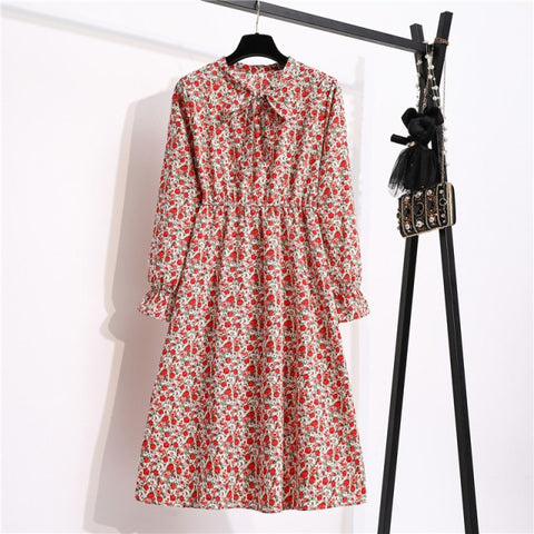 Sonicelife NIJIUDING Women's Chiffon Dress Female Vintage Floral Printed Long Sleeve Bow Midi Dresses Spring Autumn Flare Sleeve Vestidos