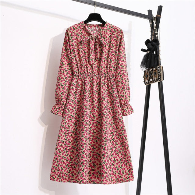 Sonicelife NIJIUDING Women's Chiffon Dress Female Vintage Floral Printed Long Sleeve Bow Midi Dresses Spring Autumn Flare Sleeve Vestidos