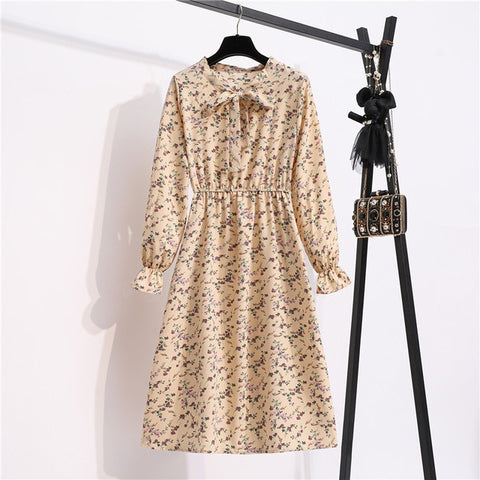 Sonicelife NIJIUDING Women's Chiffon Dress Female Vintage Floral Printed Long Sleeve Bow Midi Dresses Spring Autumn Flare Sleeve Vestidos