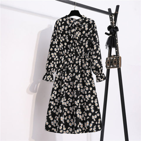 Sonicelife NIJIUDING Women's Chiffon Dress Female Vintage Floral Printed Long Sleeve Bow Midi Dresses Spring Autumn Flare Sleeve Vestidos