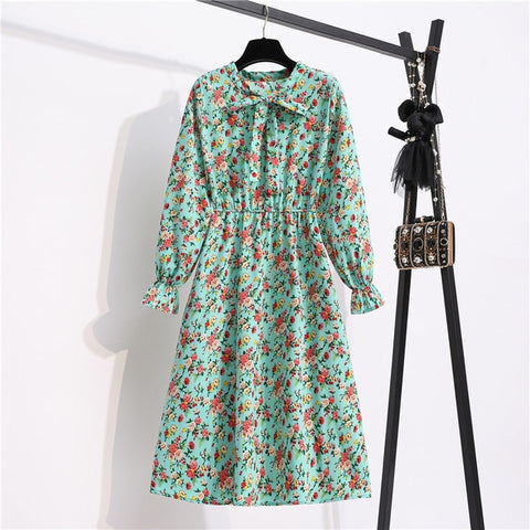 Sonicelife NIJIUDING Women's Chiffon Dress Female Vintage Floral Printed Long Sleeve Bow Midi Dresses Spring Autumn Flare Sleeve Vestidos