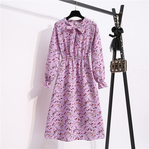 Sonicelife NIJIUDING Women's Chiffon Dress Female Vintage Floral Printed Long Sleeve Bow Midi Dresses Spring Autumn Flare Sleeve Vestidos