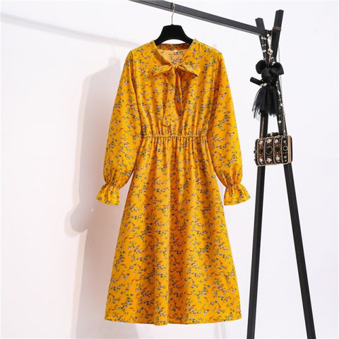 Sonicelife NIJIUDING Women's Chiffon Dress Female Vintage Floral Printed Long Sleeve Bow Midi Dresses Spring Autumn Flare Sleeve Vestidos