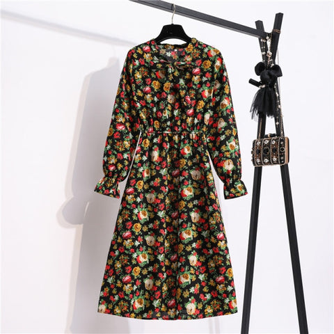 Sonicelife NIJIUDING Women's Chiffon Dress Female Vintage Floral Printed Long Sleeve Bow Midi Dresses Spring Autumn Flare Sleeve Vestidos