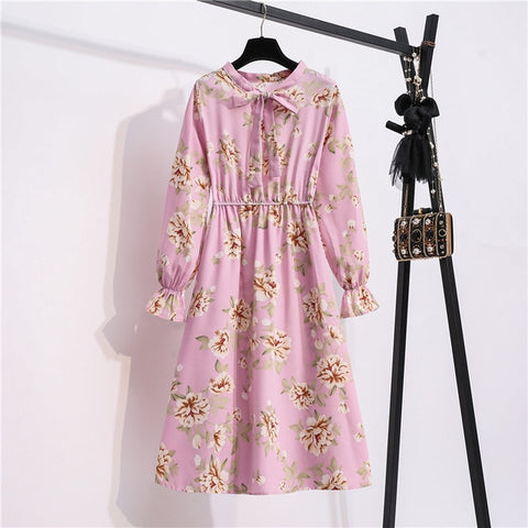 Sonicelife NIJIUDING Women's Chiffon Dress Female Vintage Floral Printed Long Sleeve Bow Midi Dresses Spring Autumn Flare Sleeve Vestidos