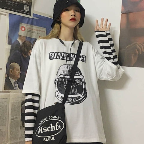Sonicelife Long Sleeve Fake Two-piece T Shirt Striped Big Shirts Men Clothing Men Fashion 2023 New Oversized Tees Clothes Tshirt