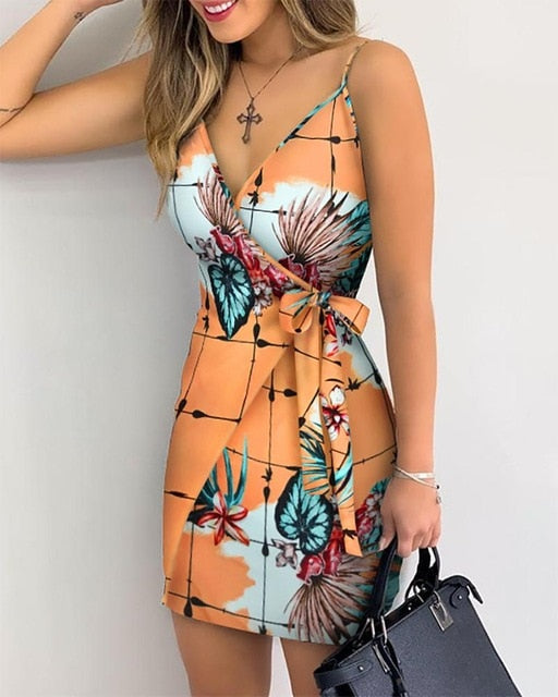 Sonicelife Tropical Print V-Neck Wrap Casual Dress Women Sleeveless Summer Holiday Mini Dress