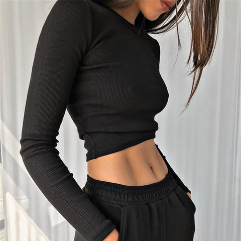 Sonicelife-O Neck Long Sleeve Shirt Women Ribbed  Cropped Tops 2024  Spring Black Casual Skinny Slim Basic Woman T Shirts White