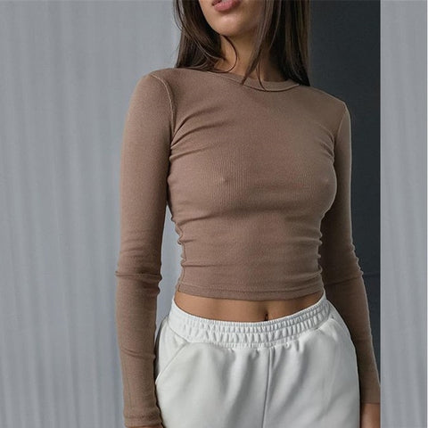 Sonicelife-O Neck Long Sleeve Shirt Women Ribbed  Cropped Tops 2024  Spring Black Casual Skinny Slim Basic Woman T Shirts White