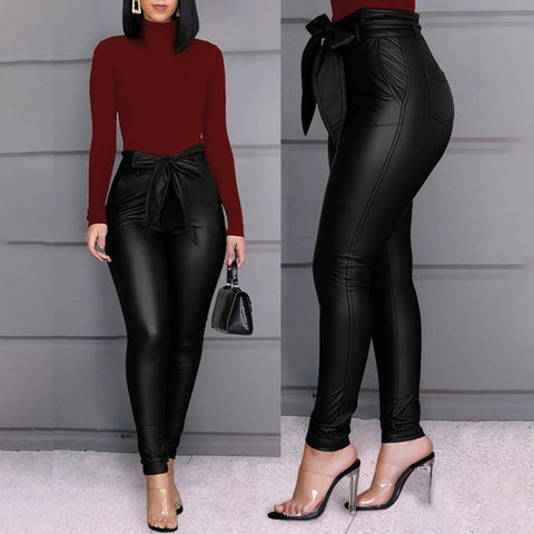 Spring Women Pu Leather Pants Black  Stretch Bodycon Trousers High Waist Long Casual Pencil S-3XL Winter
