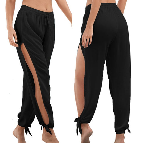 Sonicelife Hippie Harem Wide Leg Pants Trousers Summer High Slit Women Solid S-3XL Casual Loose Elastic Waist Full Length Low Flat