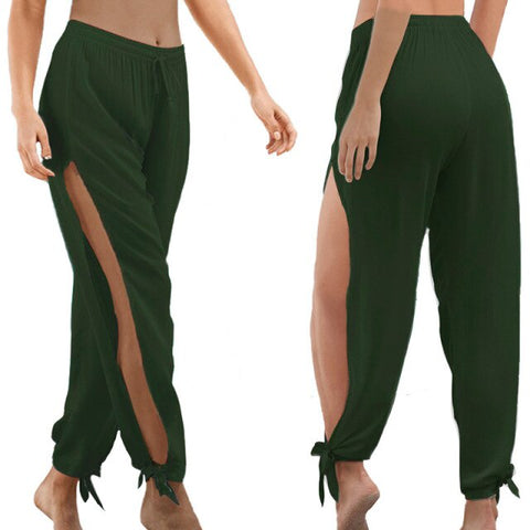 Sonicelife Hippie Harem Wide Leg Pants Trousers Summer High Slit Women Solid S-3XL Casual Loose Elastic Waist Full Length Low Flat