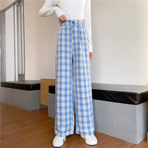 Sonicelife Plaid Pants Sweatpants Women 2023 Spring Streetwear Women Korean Style Elastic High Waist Straight Wide Leg Woman Pants