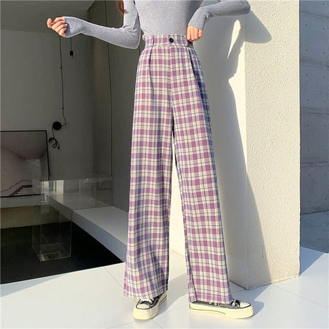 Sonicelife Plaid Pants Sweatpants Women 2023 Spring Streetwear Women Korean Style Elastic High Waist Straight Wide Leg Woman Pants