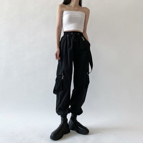 Sonicelife Goth Cargo Pants Women Punk Plus Size Capris Pants Harajuku High Waist Pants Oversize Detachable Strap Casual Trousers Emo
