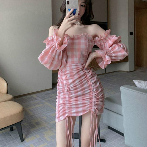 Sonicelife hoco dresses Ulzzang Korean Style Off Shoulder Gingham Mini Dress