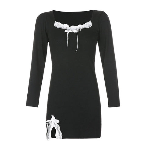 Sonicelife 2023  Dress Vintage Off Shoulder Lantern Sleeve Mesh Patchwork Velvet Mini Dress Dark Street Black Dress for Female