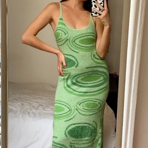 Sonicelife 2024 New  Sexy Print Knit Bodycon Dress Women Green Y2K Party Dress Hollow Out Sleeveless Spaghetti Strap Beach Midi Dresses Summer