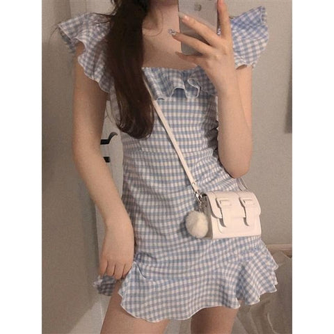 Sonicelife Harajuku Coquette Aesthetic Fashion Blue Gingham Off Shoulder Dress