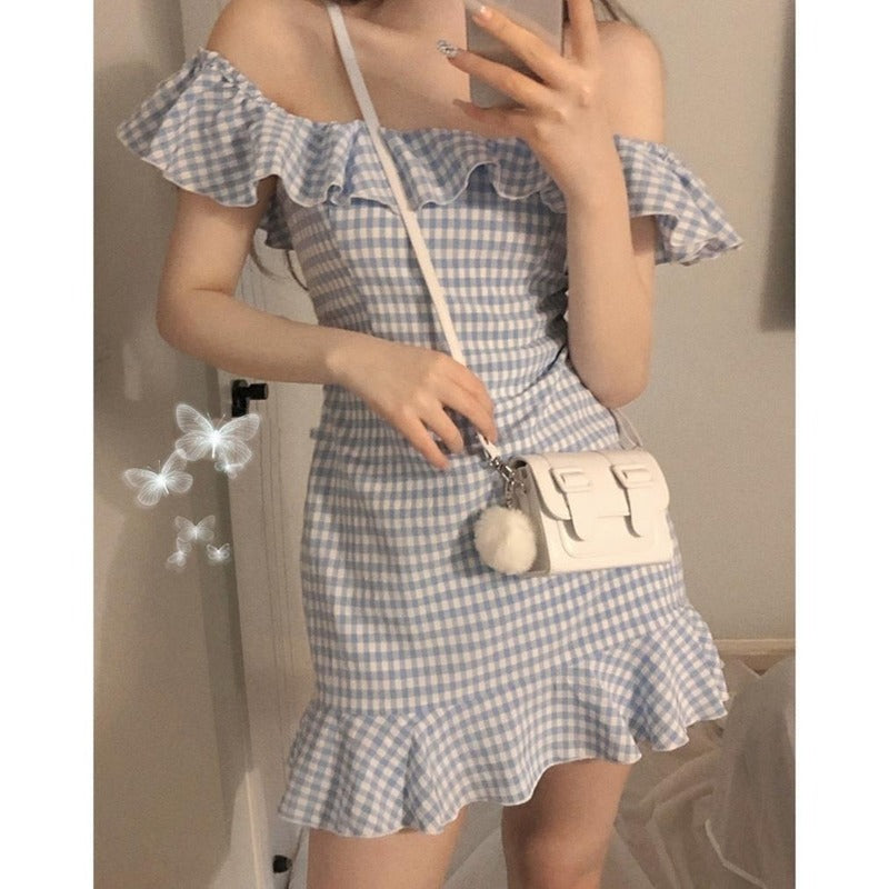 Sonicelife Harajuku Coquette Aesthetic Fashion Blue Gingham Off Shoulder Dress