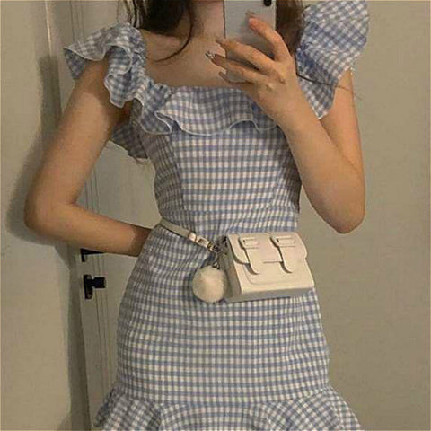 Sonicelife Harajuku Coquette Aesthetic Fashion Blue Gingham Off Shoulder Dress